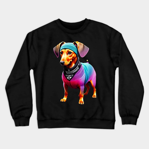 Cute Dachshund in Colorful Handmade Knitted Clothes and Headband Crewneck Sweatshirt by fur-niche